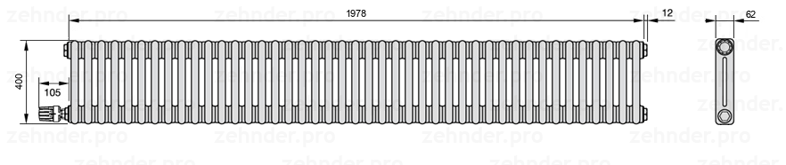 Схема (чертеж) Радиатор Zehnder Charleston 2040/43 №V003 Белый глянцевый RAL 9016